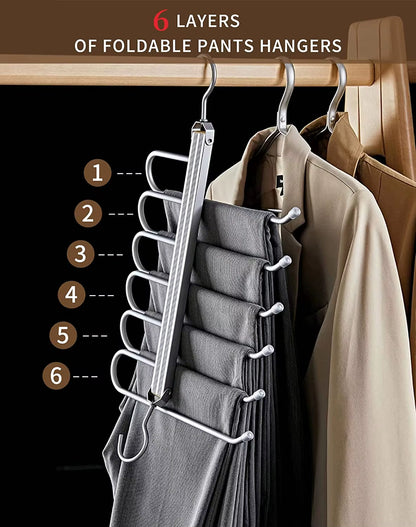 6 Layers Aluminum Pants Hangers,Space Saving Jeans Scarf Organizer,Multi-Functional Closet Heavy Rack for Slacks Skirt Trousers